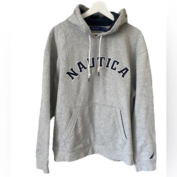 Nautica Light Gray Pullover Hoodie with Navy Logo - Picture 2 of 8